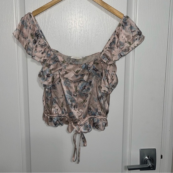 LoveShackFancy Mia Ruffled Lace Crop Top Pink Purple Cream Cinch 100% Silk XS - Picture 6 of 11